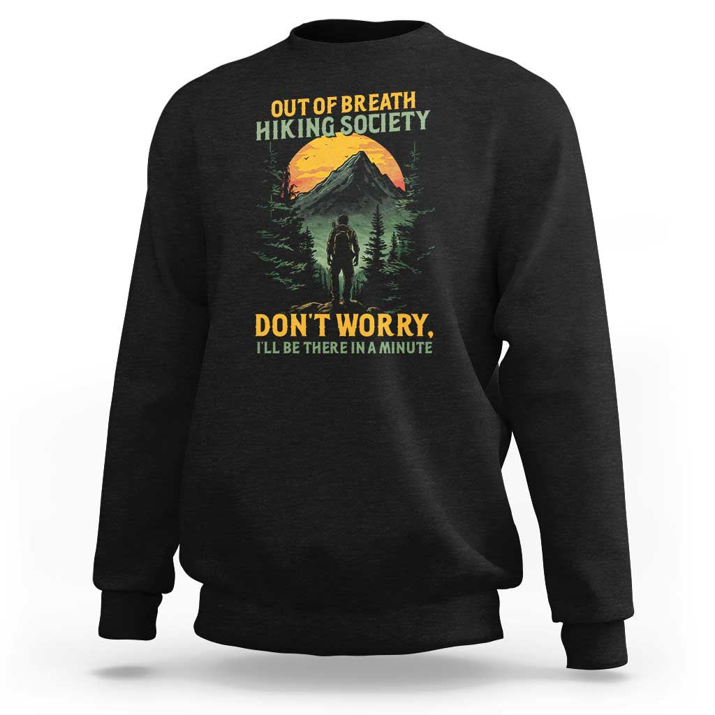 Black hiking sweatshirt with back quote and mountain hiker graphic