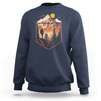 Slate blue crewneck sweatshirt with hiking graphic on chest