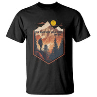 Black hiking T-shirt with front graphic: hiker silhouette in mountain hex badge.