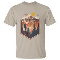Sand hiking T-shirt with front graphic: hiker silhouette in mountain hex badge.