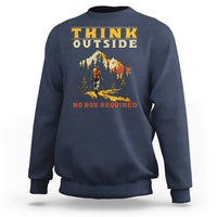 Navy crewneck sweatshirt with outdoor graphic; 'Think Outside' & 'No Box Required'.