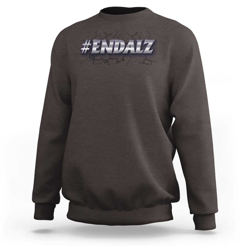 Dark brown crewneck sweatshirt with #ENDALZ graphic on chest; long sleeves and ribbed cuffs