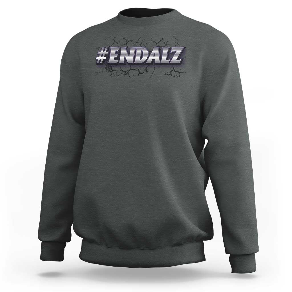 Charcoal gray crewneck sweatshirt with #ENDALZ graphic on chest; long sleeves and ribbed cuffs