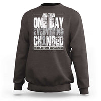 Dark brown crewneck sweatshirt with white glioblastoma awareness quote graphic on back