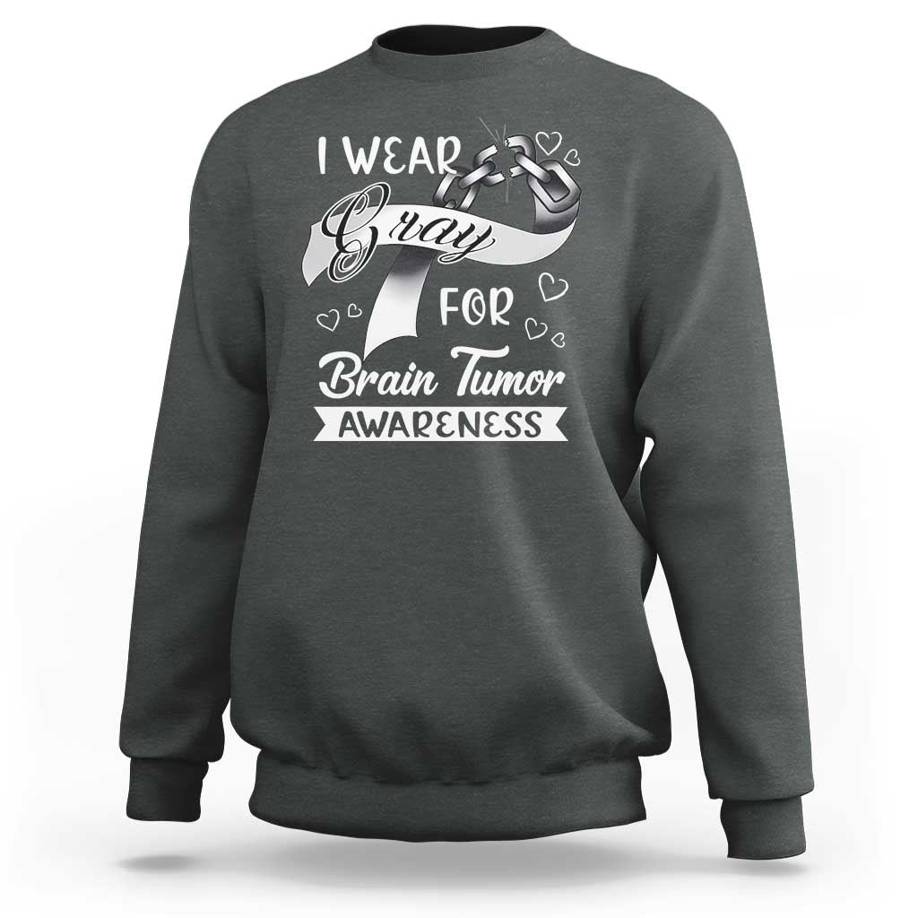 Charcoal gray brain tumor awareness sweatshirt with front heart and awareness graphic