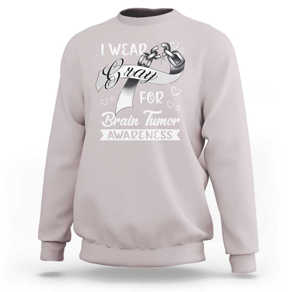 Light gray brain tumor awareness sweatshirt with front heart and awareness graphic