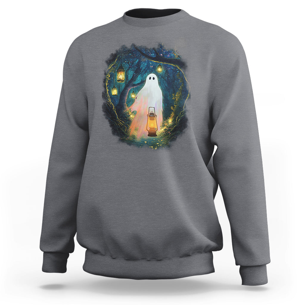 Gray crewneck sweatshirt with ghost and lantern graphic on the chest.