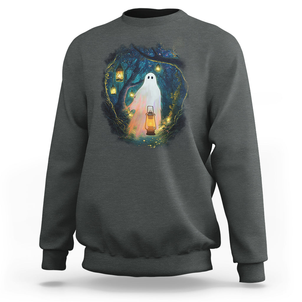 Dark gray crewneck sweatshirt with ghost and lantern graphic on the chest.