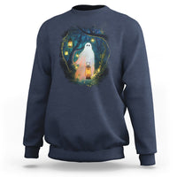 Navy crewneck sweatshirt with ghost and lantern graphic on the chest.