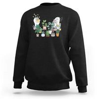 Black Halloween gardener sweatshirt with garden gnome graphic and potted plants on chest
