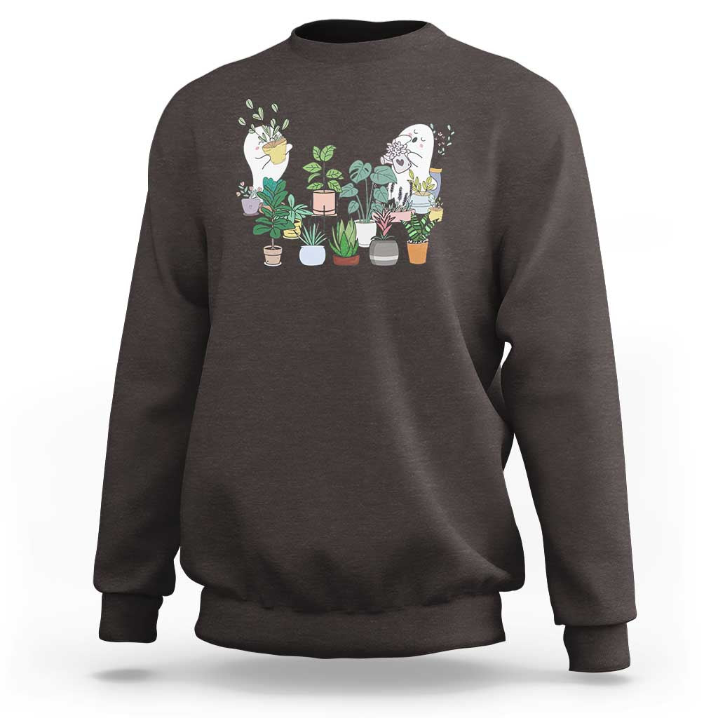 Dark chocolate Halloween gardener sweatshirt with garden gnome graphic and potted plants on chest