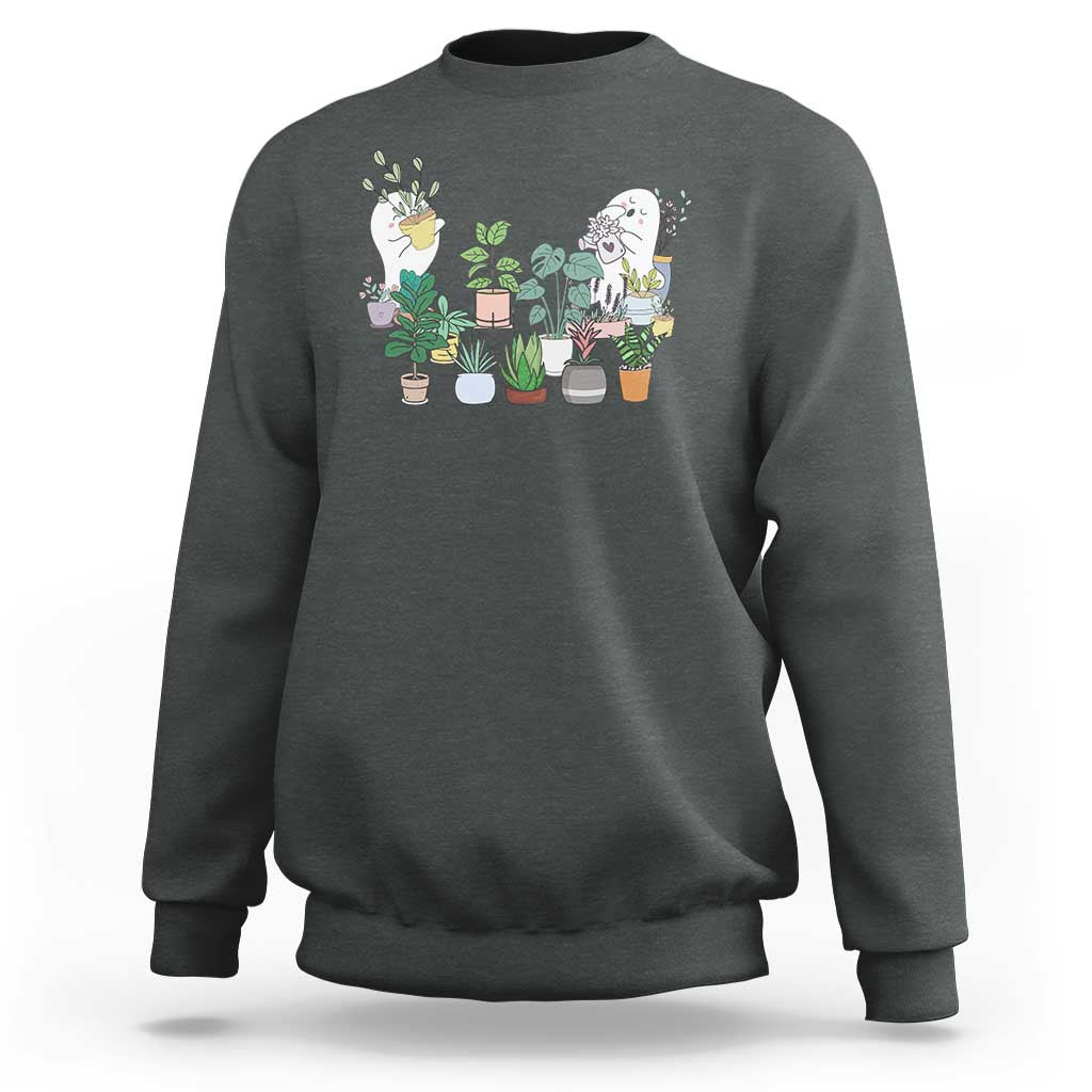 Dark heather Halloween gardener sweatshirt with garden gnome graphic and potted plants on chest