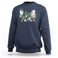 Navy Halloween gardener sweatshirt with garden gnome graphic and potted plants on chest