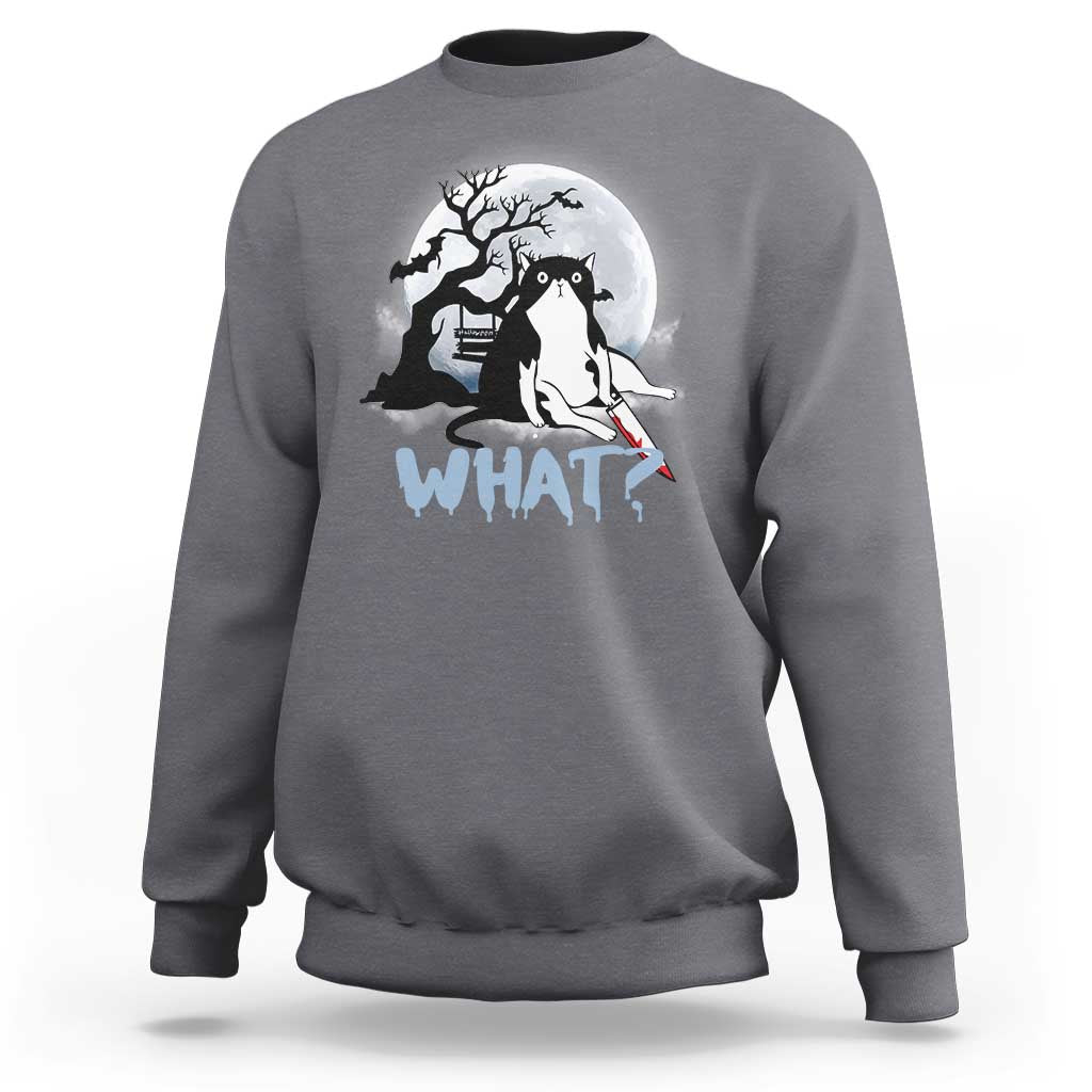 Charcoal gray crewneck sweatshirt with long sleeves; cat graphic and "WHAT?" print at chest.