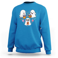 Blue crewneck sweatshirt with cute ghost trio and candy swirl graphic