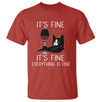 Red graphic cat T-shirt with wine glass and "It's Fine Everything is Fine" text