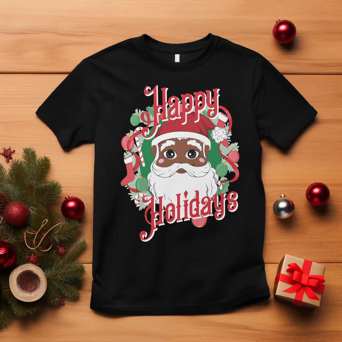 Christmas T Shirt Black Happy Holidays African American Santa - Wonder Print Shop