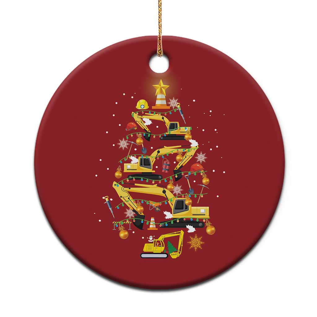 Red circular Christmas ornament with stack of yellow construction vehicles and star topper