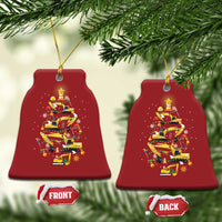 Red bell-shaped Christmas ornaments with yellow construction-vehicle tree; includes FRONT and BACK