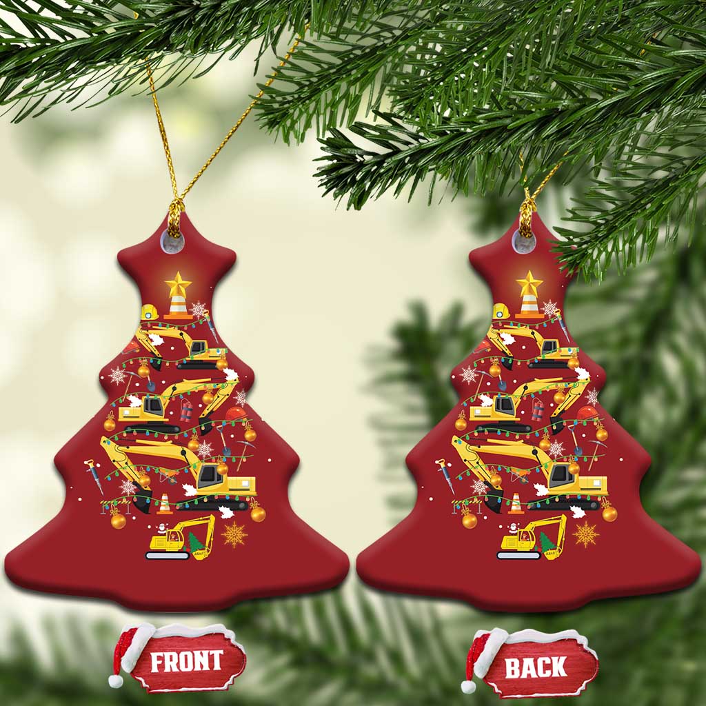 Red Christmas-tree-shaped hanging ornament with yellow construction-vehicle design and star