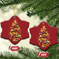 Red snowflake-shaped Christmas ornaments with yellow construction-vehicle tree design; FRONT and BACK