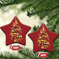 Red star-shaped hanging Christmas ornaments with yellow construction-vehicle tree design; FRONT and BACK