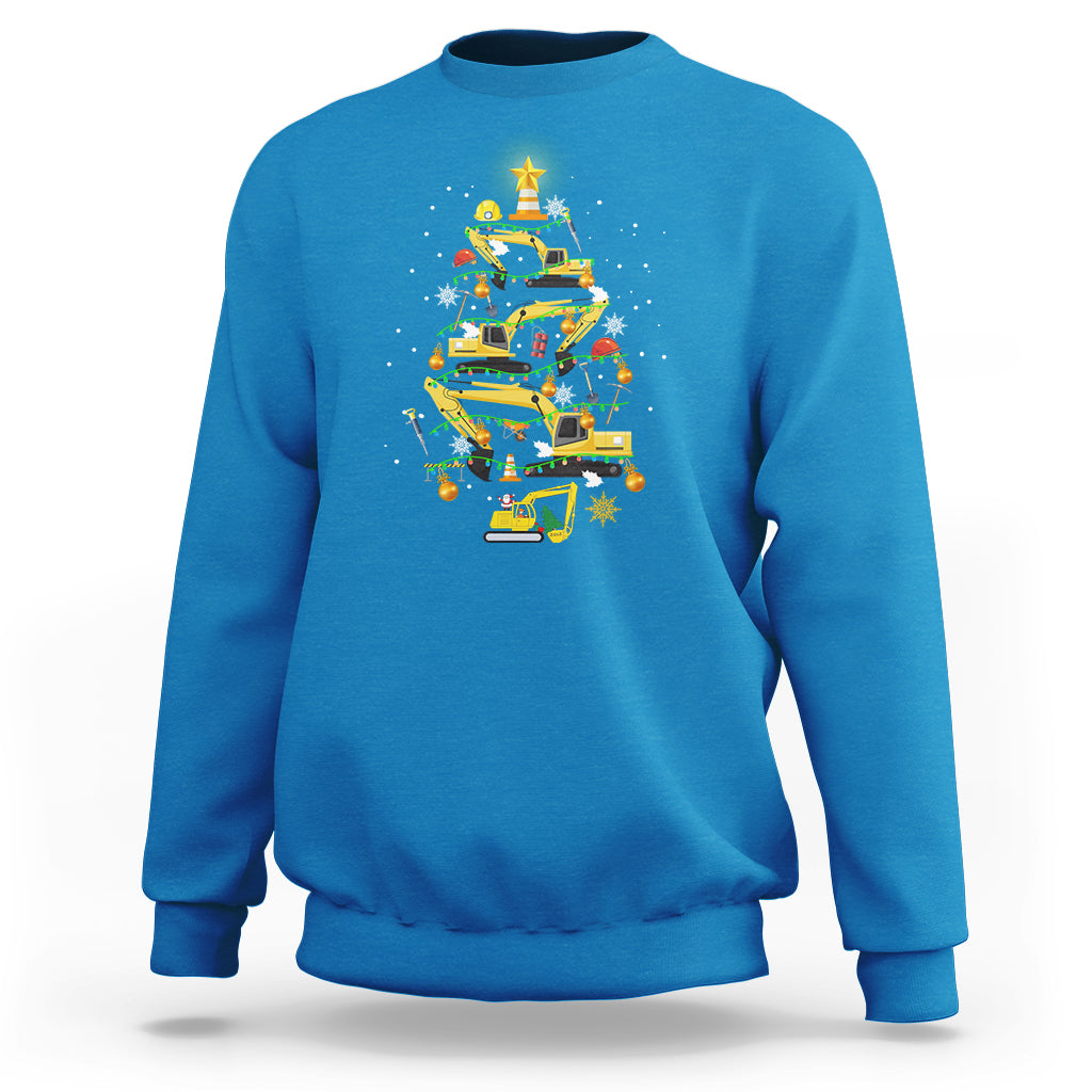 Blue crewneck sweatshirt with colorful monster-truck Christmas tree graphic