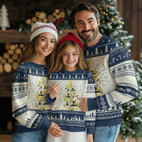 Christmas sweater with navy-and-cream excavator tree graphic, crewneck, long sleeves