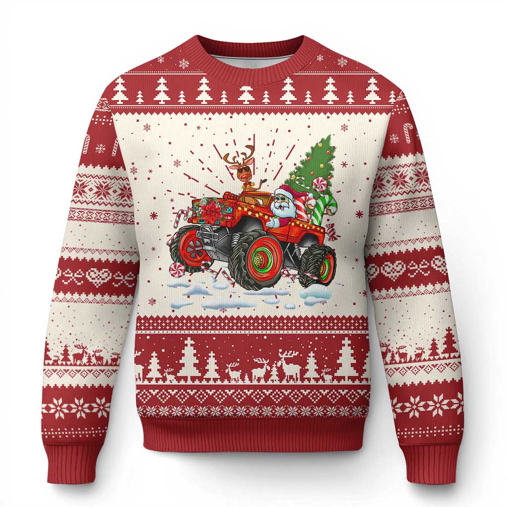 Red and white holiday ugly Christmas sweater with monster truck and reindeer graphic