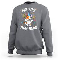 Charcoal gray crewneck sweatshirt with “Happy Mew Year” cat graphic and fireworks