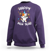 Purple crewneck sweatshirt with “Happy Mew Year” cat graphic and colorful fireworks