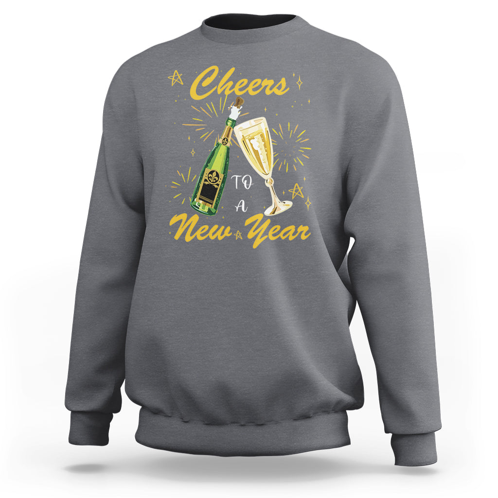 Charcoal crewneck sweatshirt with 'Cheers to a New Year' graphic and fireworks