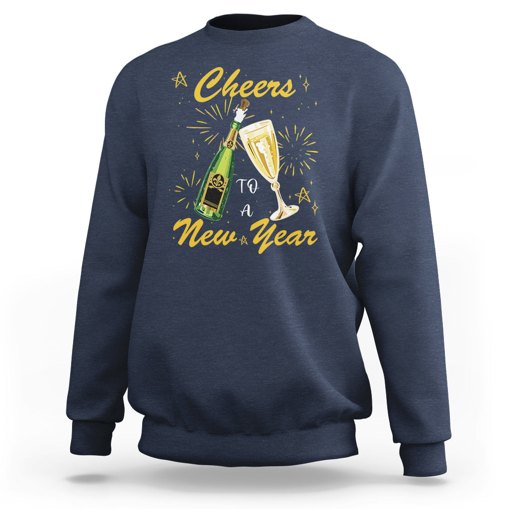 Navy crewneck sweatshirt with 'Cheers to a New Year' graphic and fireworks