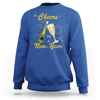 Royal blue crewneck sweatshirt with 'Cheers to a New Year' graphic and fireworks