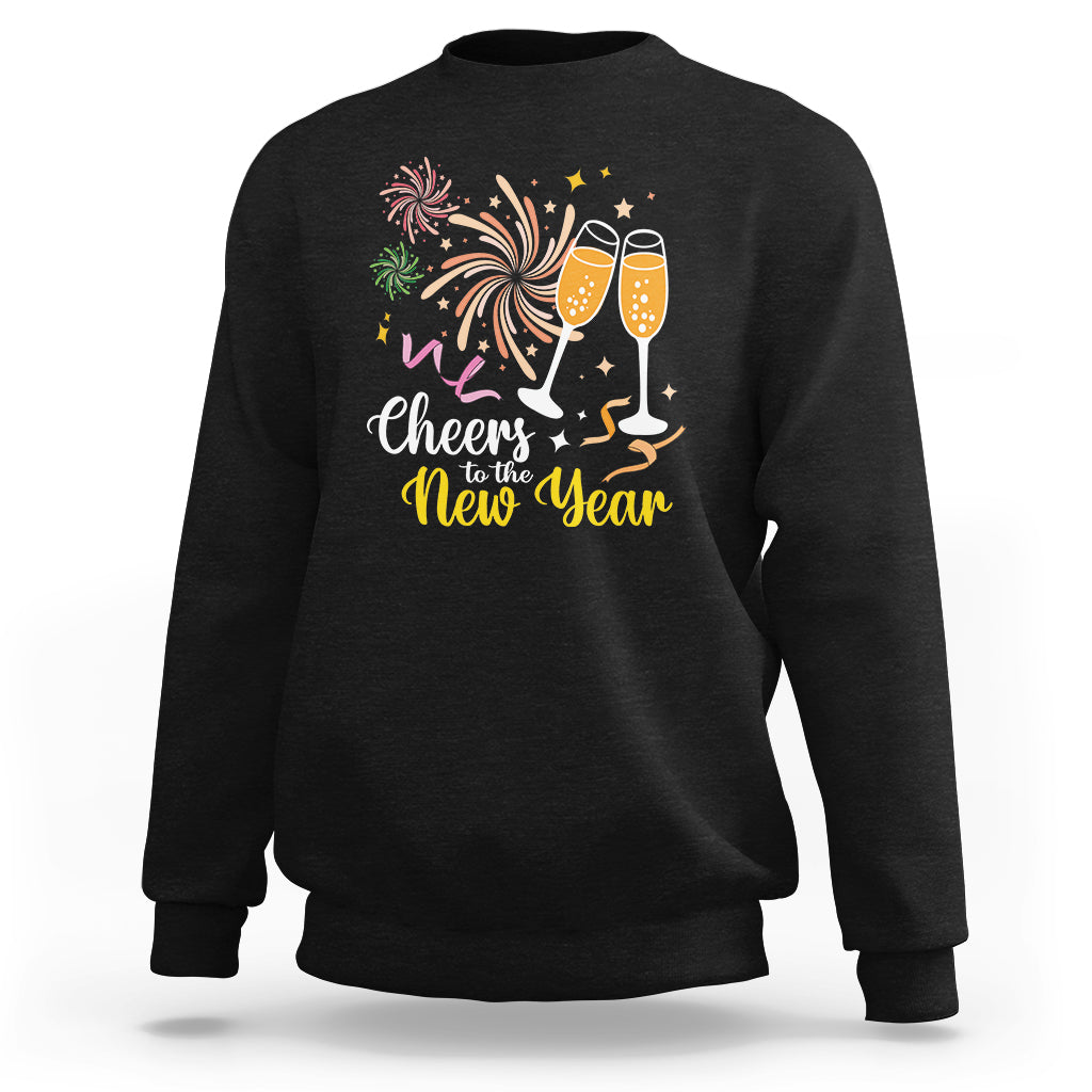 Black crewneck sweatshirt with “Cheers to the New Year” fireworks and champagne glasses print