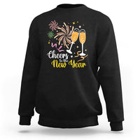 Black crewneck sweatshirt with “Cheers to the New Year” fireworks and champagne glasses print