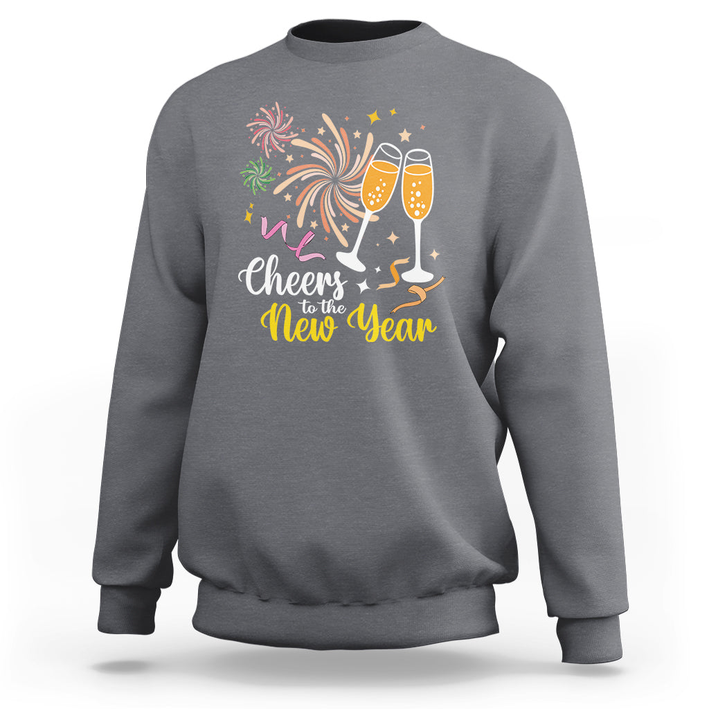 Charcoal gray crewneck sweatshirt with “Cheers to the New Year” fireworks and champagne glasses print