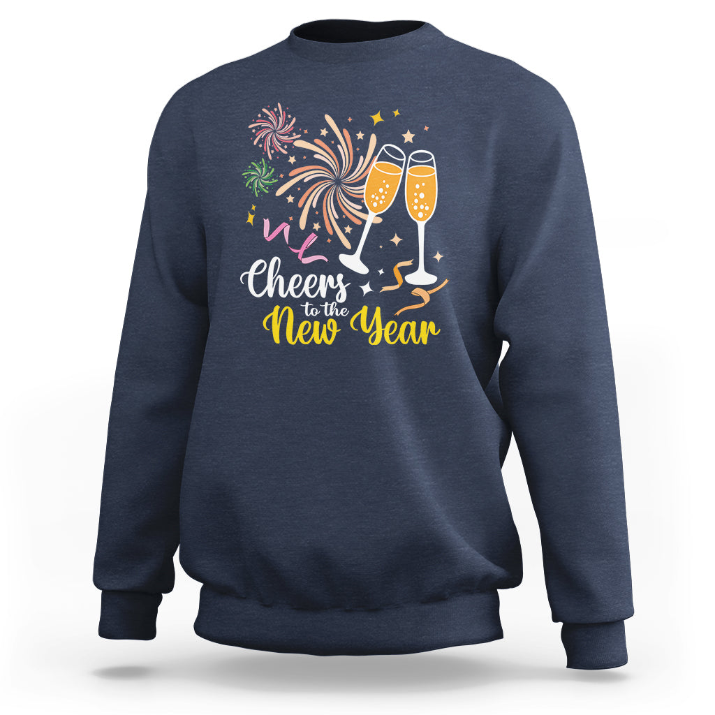 Navy crewneck sweatshirt with “Cheers to the New Year” fireworks and champagne glasses print