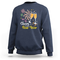 Navy crewneck sweatshirt with “Cheers to the New Year” fireworks and champagne glasses print