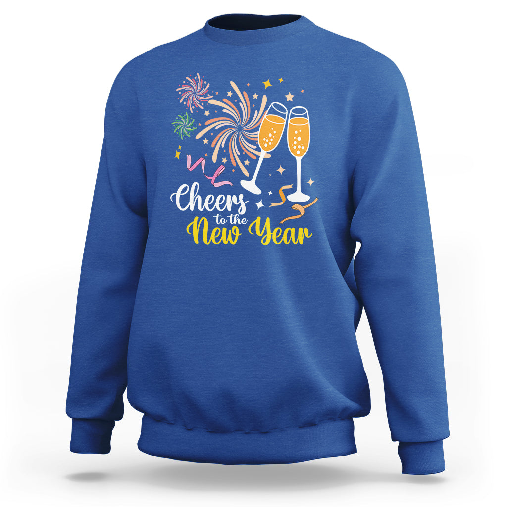 Royal blue crewneck sweatshirt with “Cheers to the New Year” fireworks and champagne glasses print