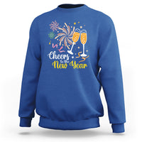 Royal blue crewneck sweatshirt with “Cheers to the New Year” fireworks and champagne glasses print