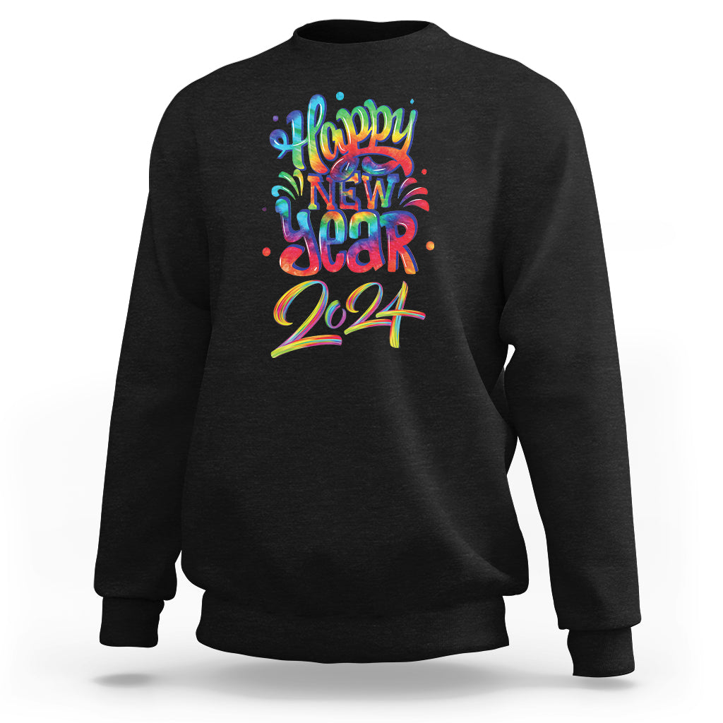 Black crewneck sweatshirt with multicolor Happy New Year 2024 graphic on chest