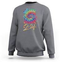 Charcoal gray crewneck sweatshirt with multicolor Happy New Year 2024 graphic on chest