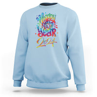 Light blue crewneck sweatshirt with multicolor Happy New Year 2024 graphic on chest