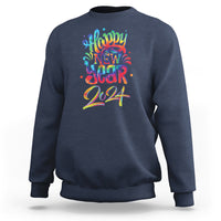 Navy crewneck sweatshirt with multicolor Happy New Year 2024 graphic on chest