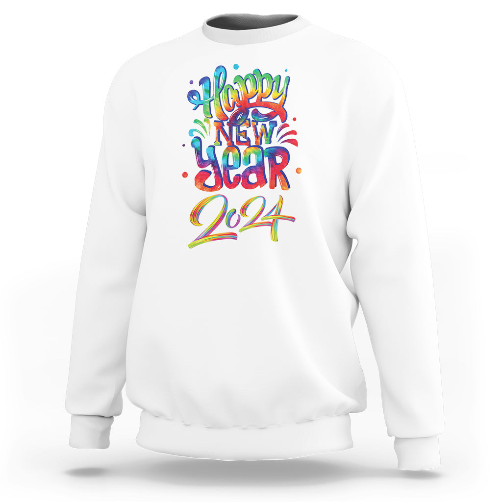 White crewneck sweatshirt with multicolor Happy New Year 2024 graphic on chest