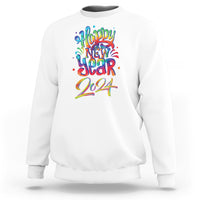 White crewneck sweatshirt with multicolor Happy New Year 2024 graphic on chest