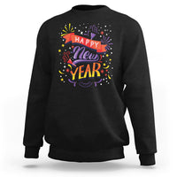 Black crewneck sweatshirt with front 'Happy New Year' fireworks 'New Year' graphic