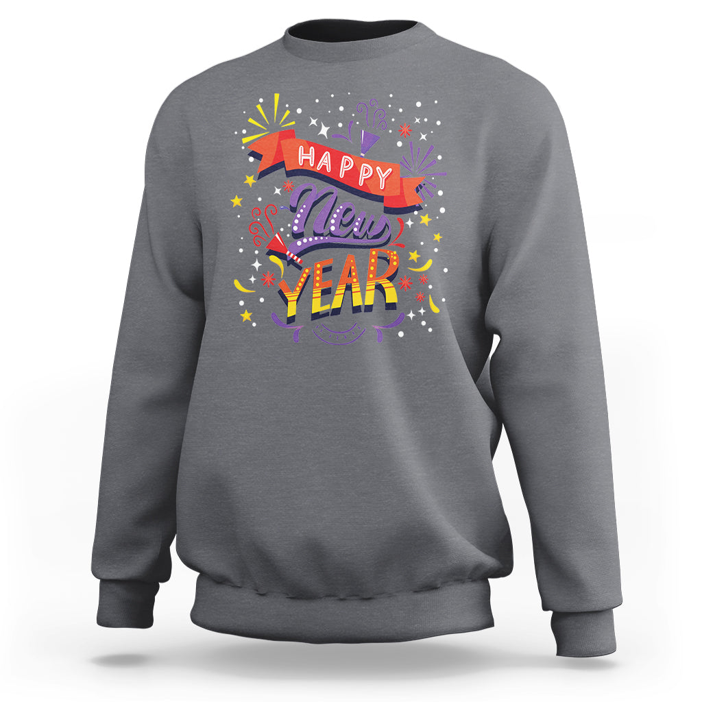 Charcoal crewneck sweatshirt with front 'Happy New Year' fireworks 'New Year' graphic