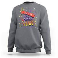 Charcoal crewneck sweatshirt with front 'Happy New Year' fireworks 'New Year' graphic